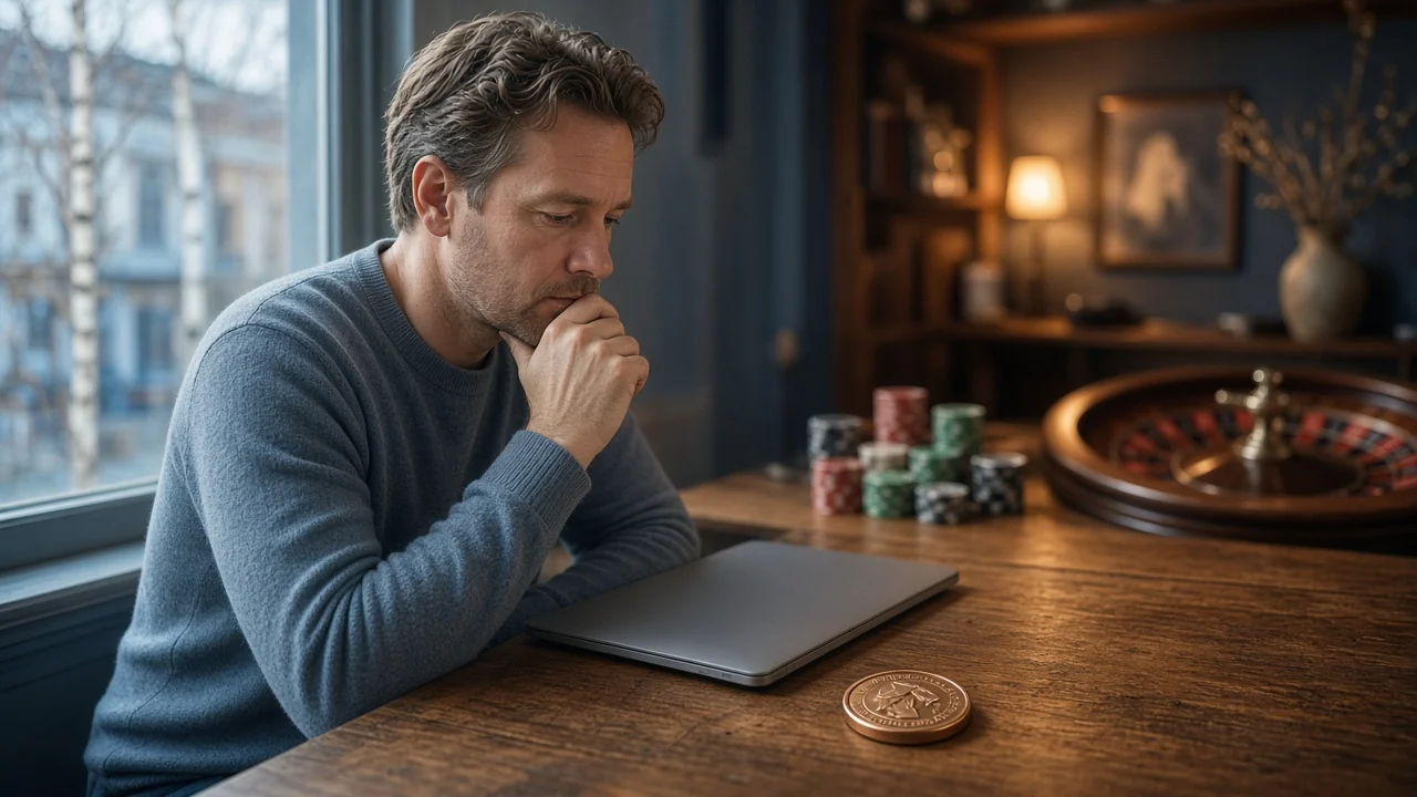 Svensk spelare vid skrivbord med tio kronor mynt och stängd laptop