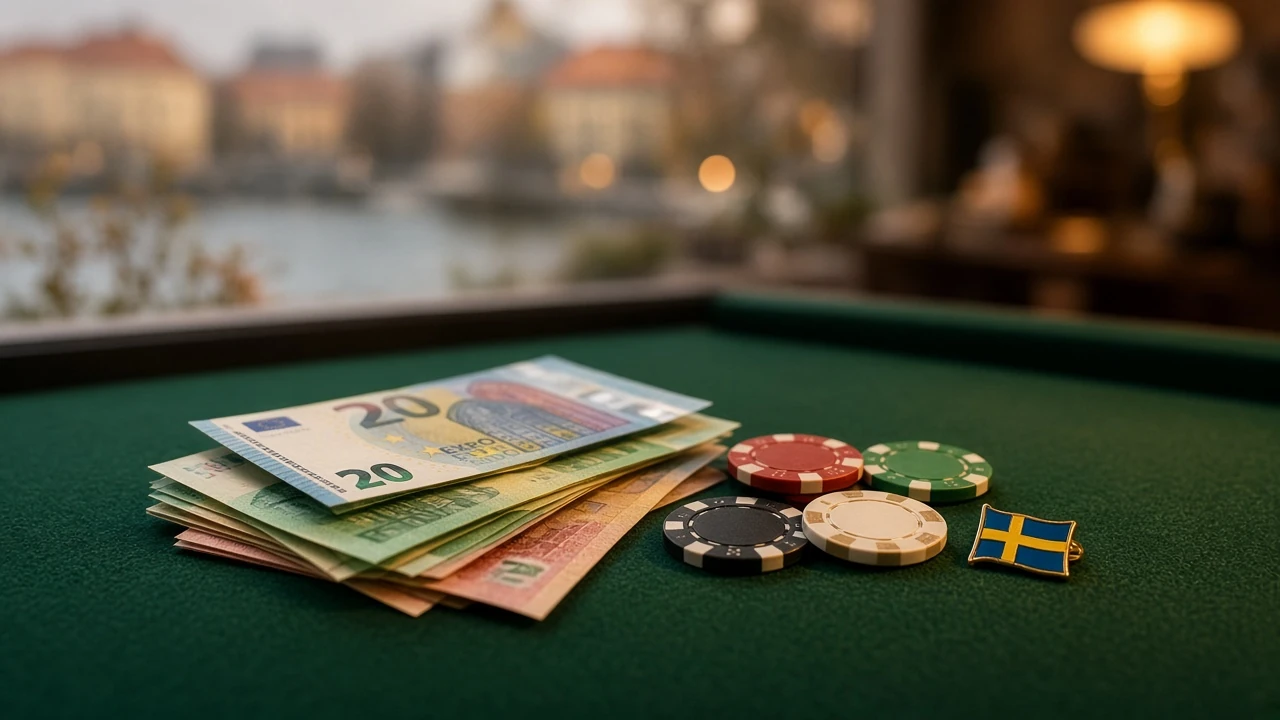 Euro-sedlar och casinofärgar på grönt bord med svensk flagga