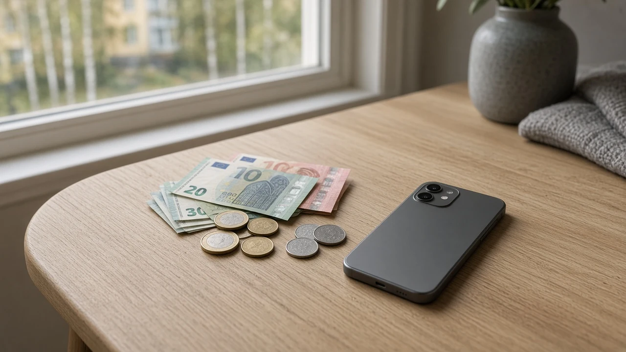 Euro- och kronasedlar på ett svenskt bord bredvid en smartphone