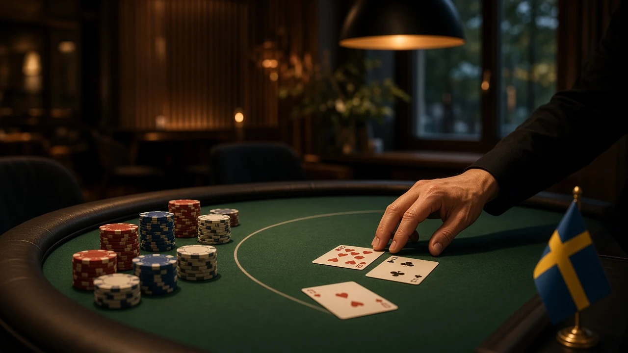 Blackjackbord med grönt filttyg, spelmarker och kort i elegant svensk casinointeriör