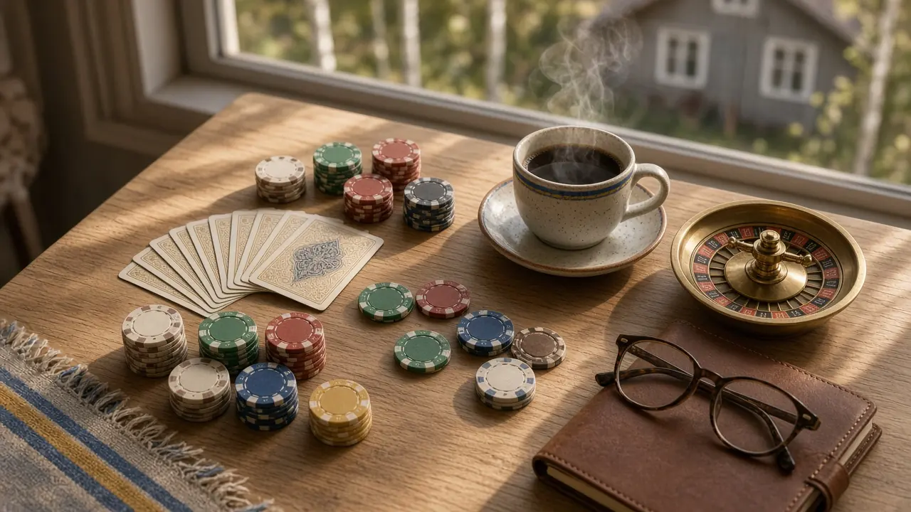 Översikt av ett elegant skandinaviskt bord med casinotokens, spelkort, kaffekopp och anteckningsbok i varmt ljus.