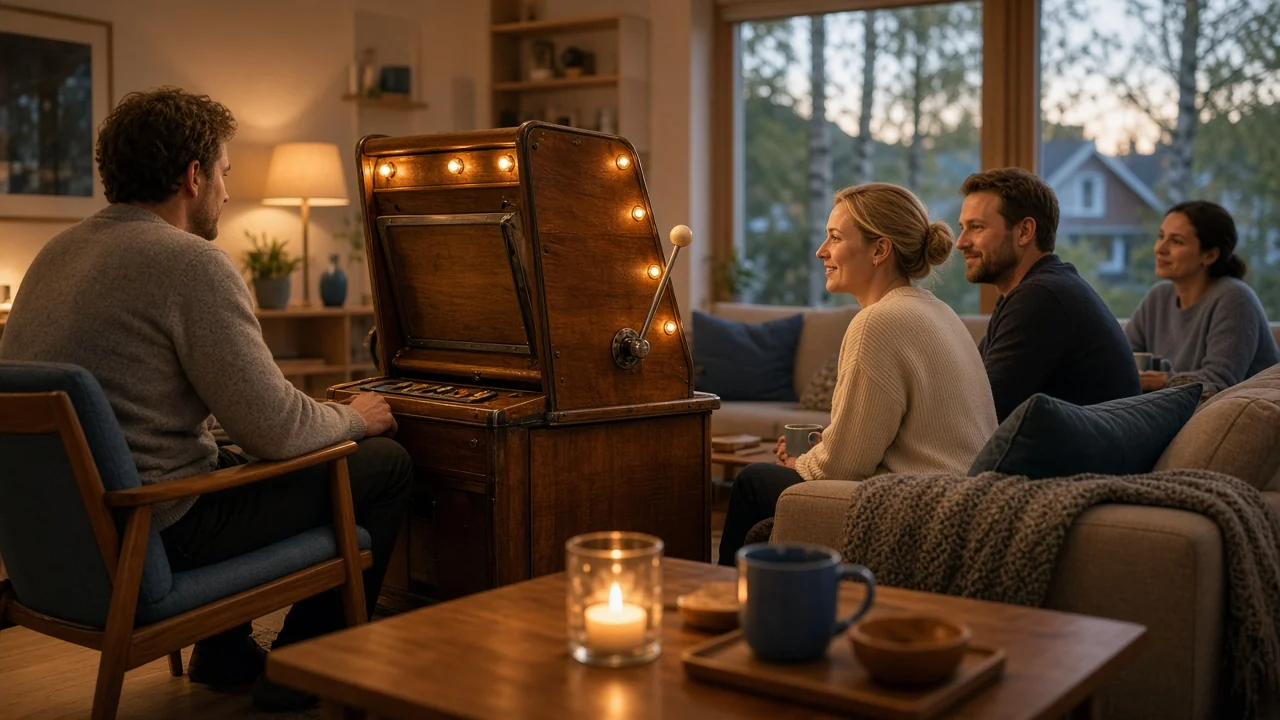 Svensk varm loungemiljö med en klassisk spelautomat och vänner som umgås.
