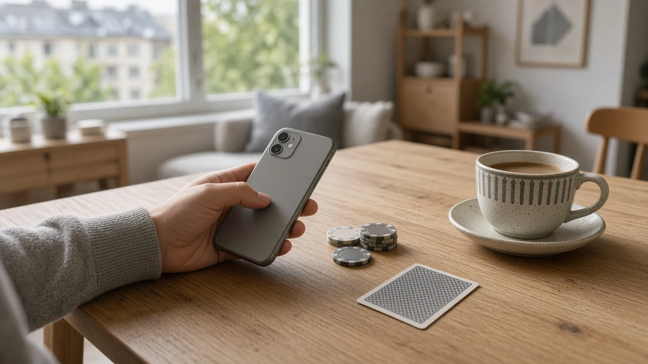 Hand med smartphone, casinofärger och kaffekopp på bord