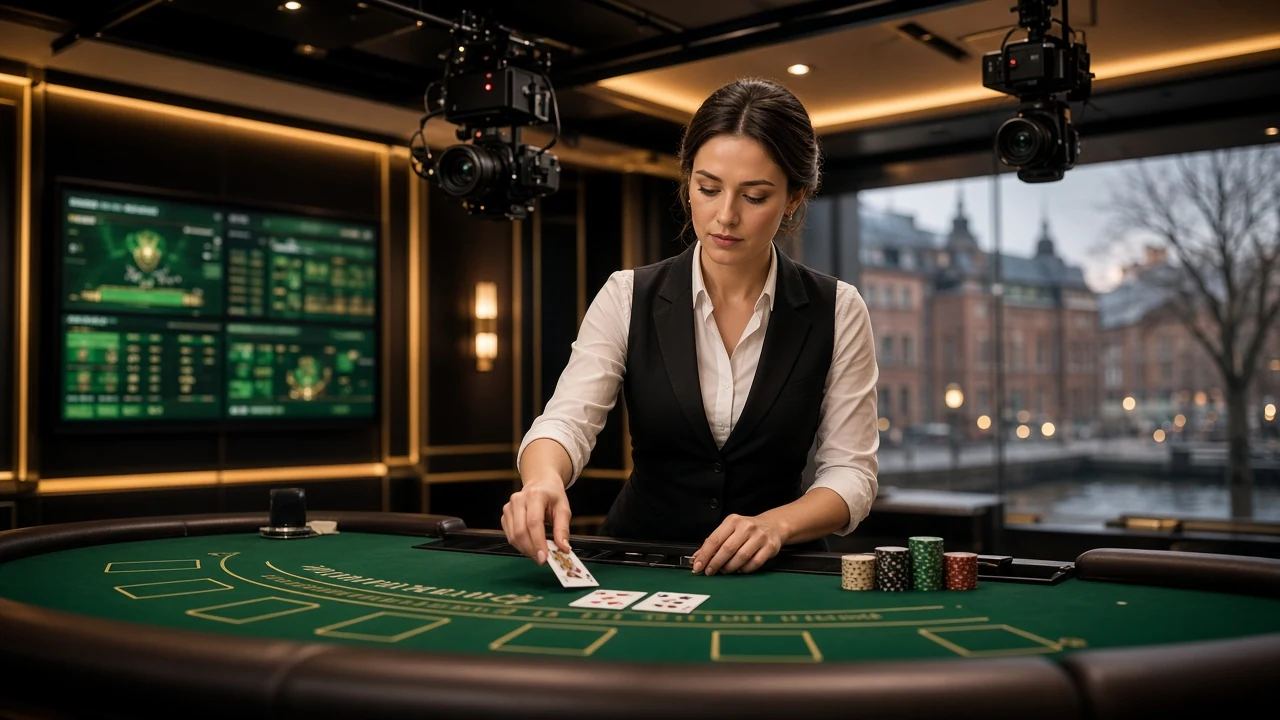 Professionell live-dealer som delar ut kort vid blackjackbord i modern casinostudio