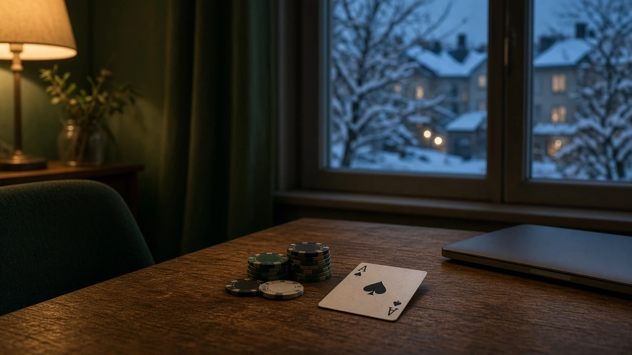 Stängd laptop med casinofärger och spelkort på bordet, svensk vinterkväll
