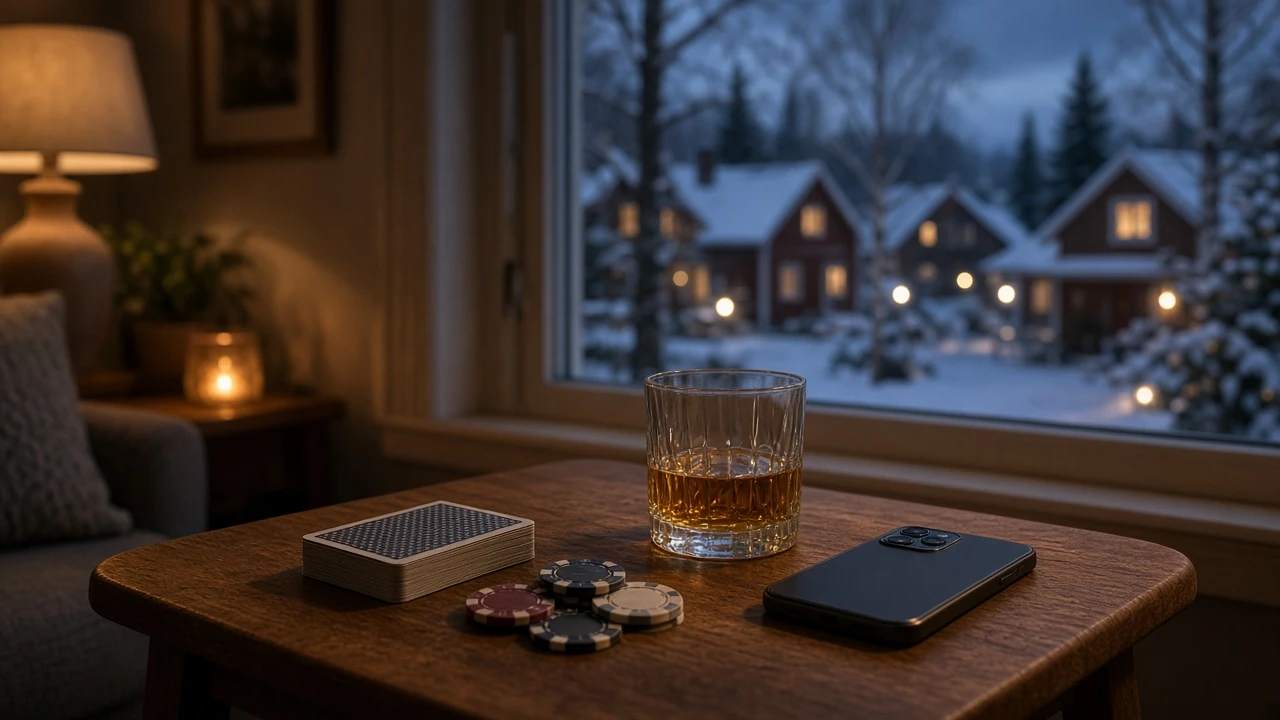 Spelkort och casinokaféer på ett svenskt bord med en smartphone med skärmen nedåt