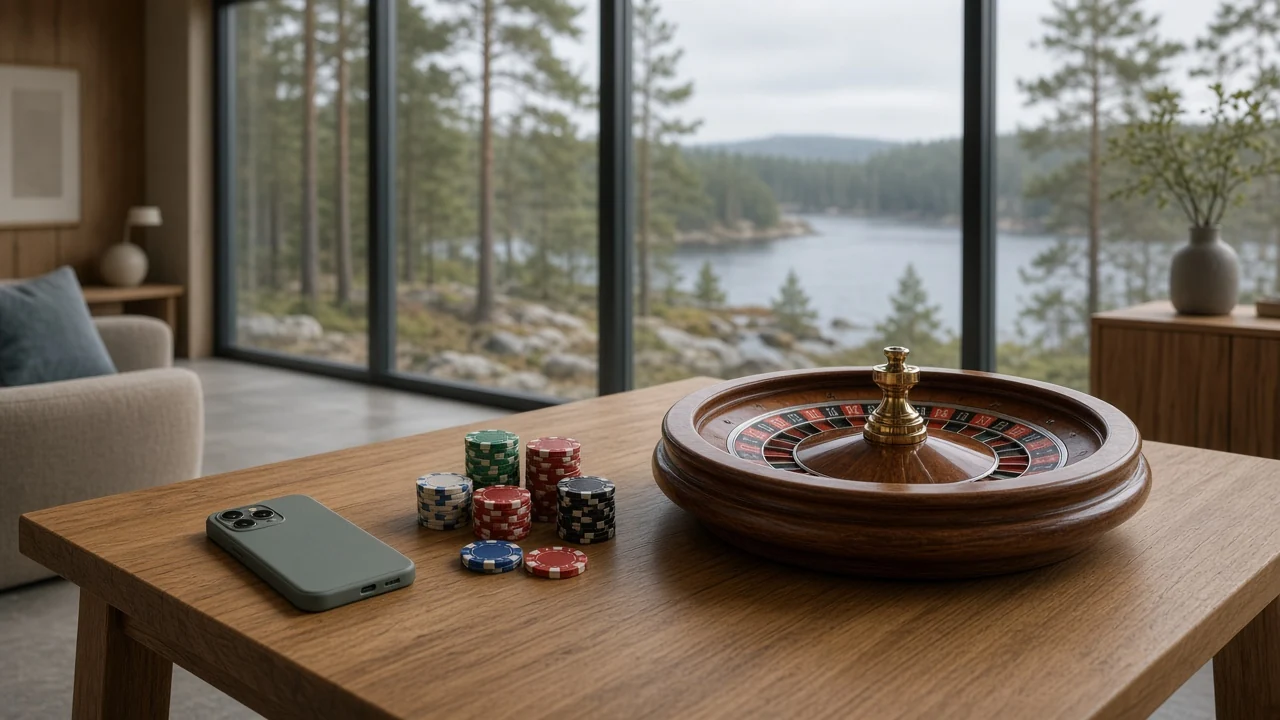 Modernt skandinaviskt rum med pokerfärger, roulettehjul och utsikt över svensk natur