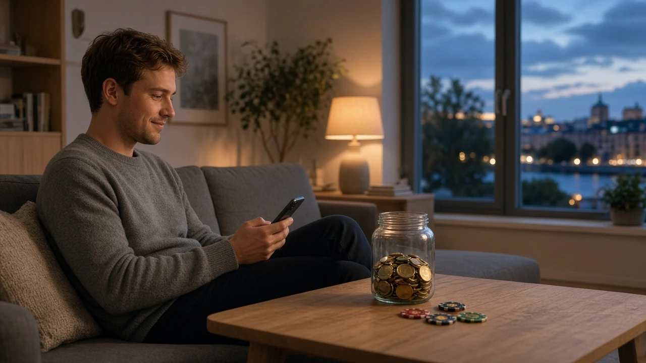 Person i svensk vardagsrum med telefon, myntburk och casinomarker på soffbordet