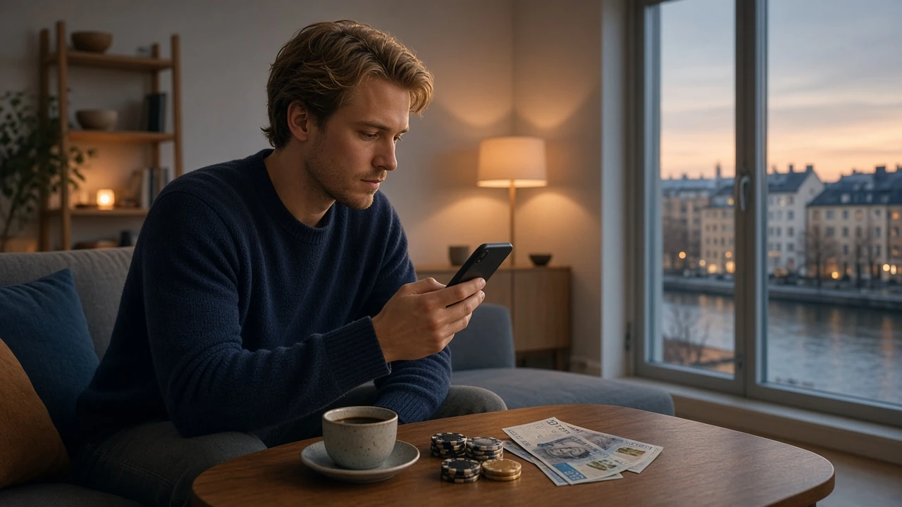 Man i modern svensk lägenhet med mobil, casinotokens och kronorsedlar på bordet