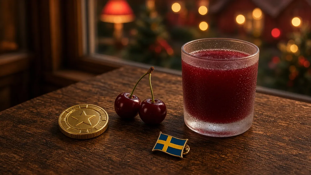 Gyllene casinokontant och körsbär på träbord med svensk flagga