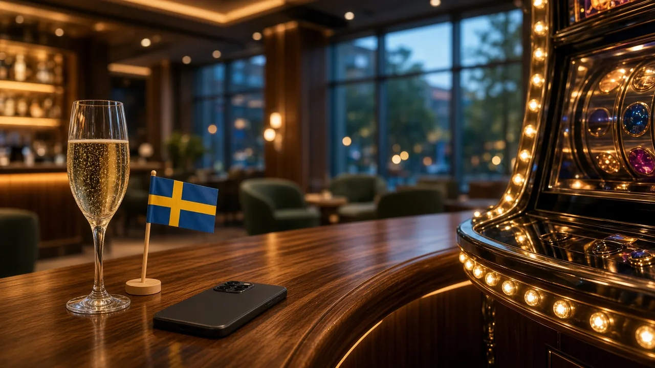 Modern svenskt casino med spelautomat och drink i lyxig atmosfär