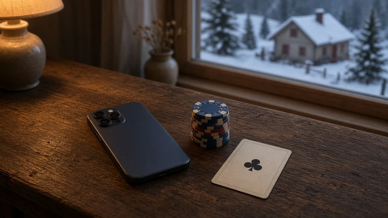 Mobilen vänd nedåt på bordet bredvid casinomarker och ett spelkort