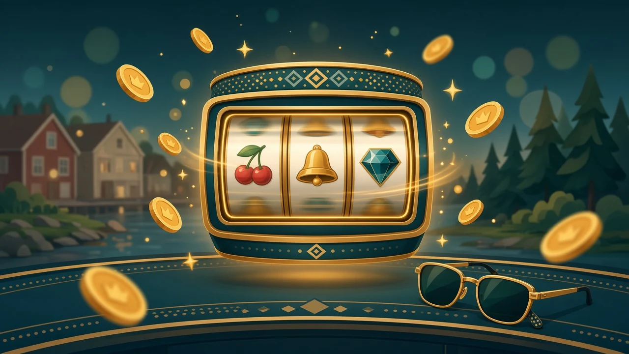 Illustrerad spelautomat med snurrande hjul och guldfärgade mynt, svensk stil