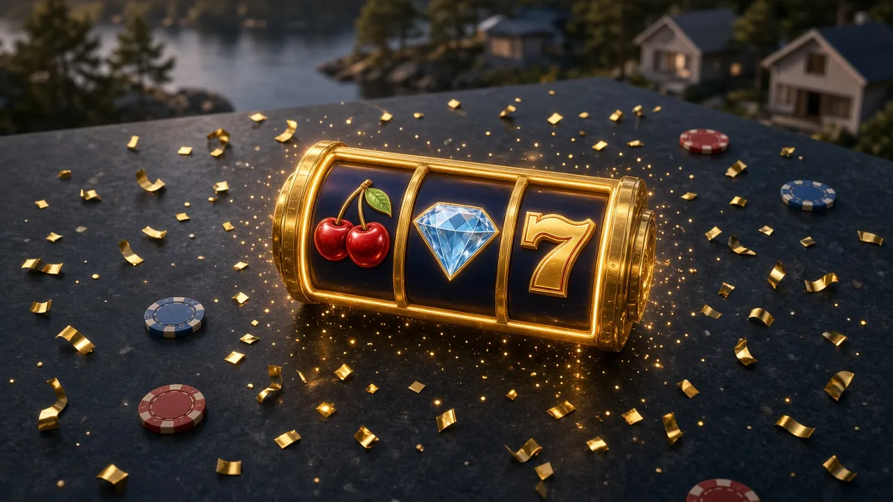 Glödande spelautomat med guldkonfetti och casinofigurer