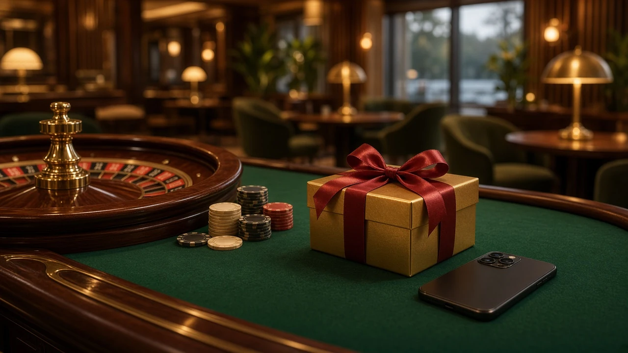 Elegant casinobord med roulette, marker och en guldpresent med rött band
