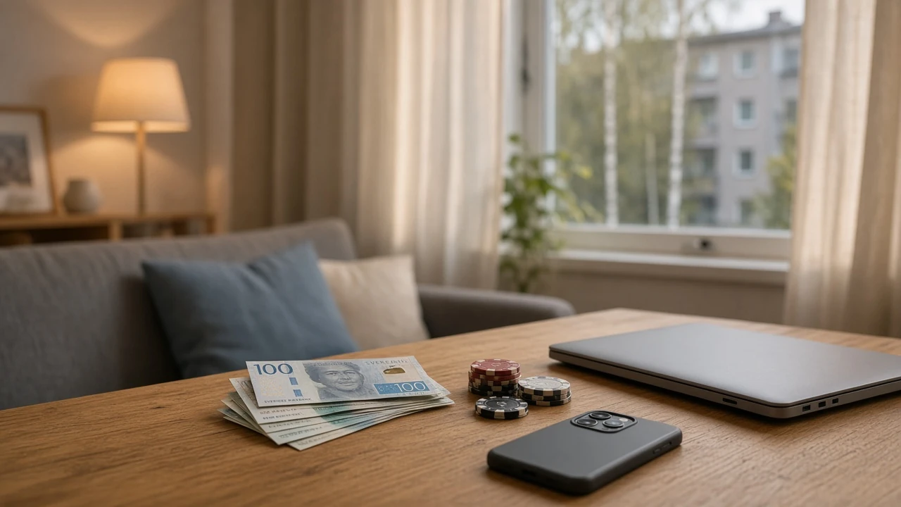 Svensk vardagsrum med kronorsedlar, casinomarker och stängd laptop