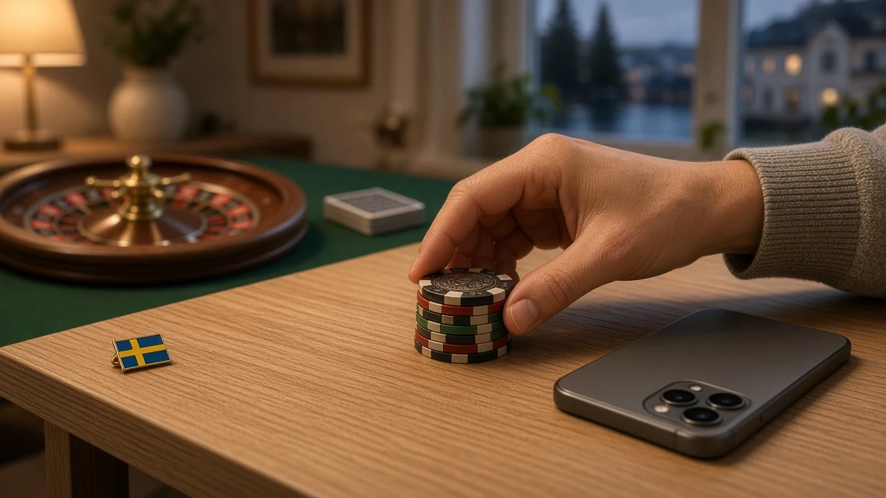 Hand som placerar en liten stack casinokort på ett nordiskt bord