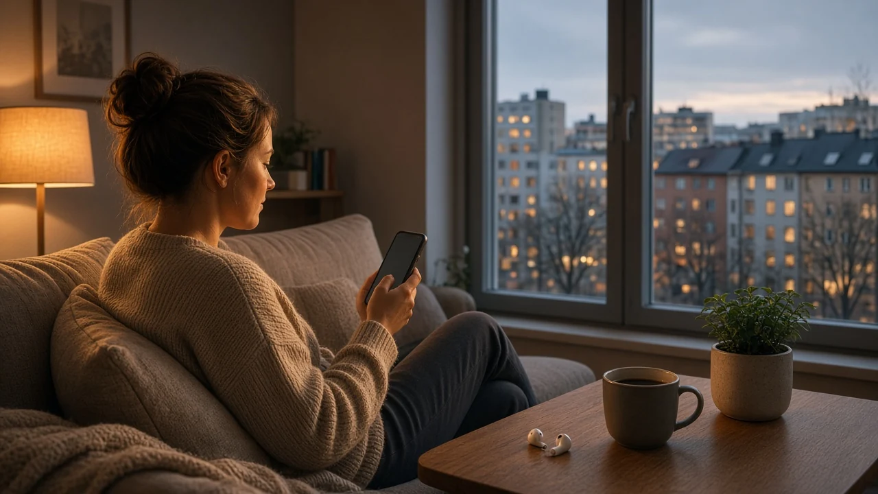 Person i svensk lägenhet vid skymning med smartphone vid sidan om