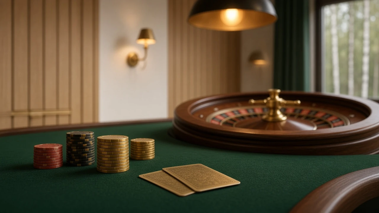 Elegant svenskt casinobord med marker, spelkort och roulettehjul i dämpad gyllene belysning