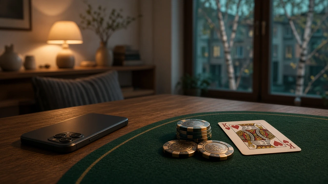 Modern skandinavisk casinobord med marker och ett telefonerbjudande