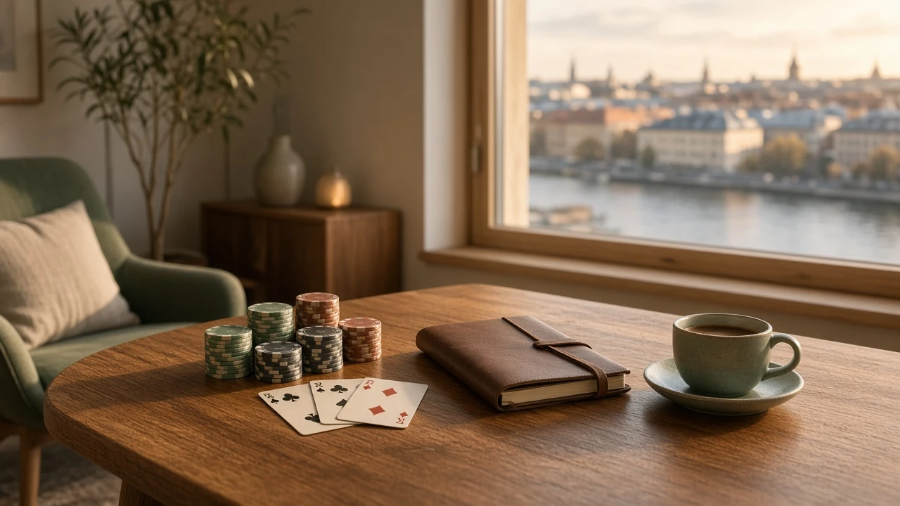 Skandinavisk loungemiljö med casinomarker och spelkort på ett ekbord