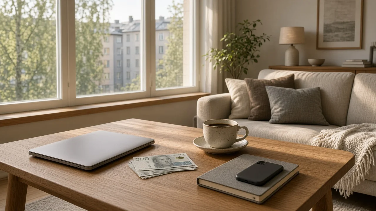 Modernt svenskt vardagsrum med laptop och kronor på bordet