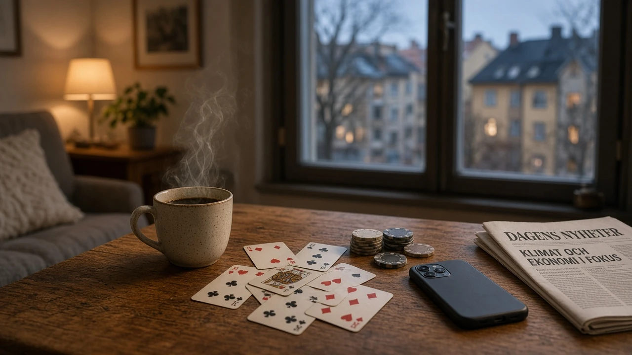 Kort och casinofiler på ett bord i ett svenskt hem