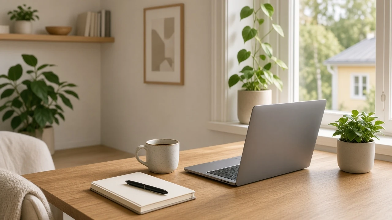 Ljus skandinavisk hemmakontorsskrivbord med laptop, kaffekopp och anteckningsblock vid fönstret.