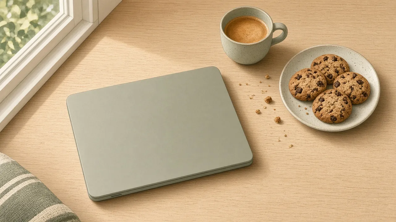 Illustrerat skrivbord med bärbar dator och chokladkakor vid sidan om