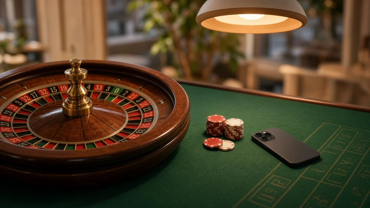 Europeisk roulettehjul på casinobord med marker och telefon