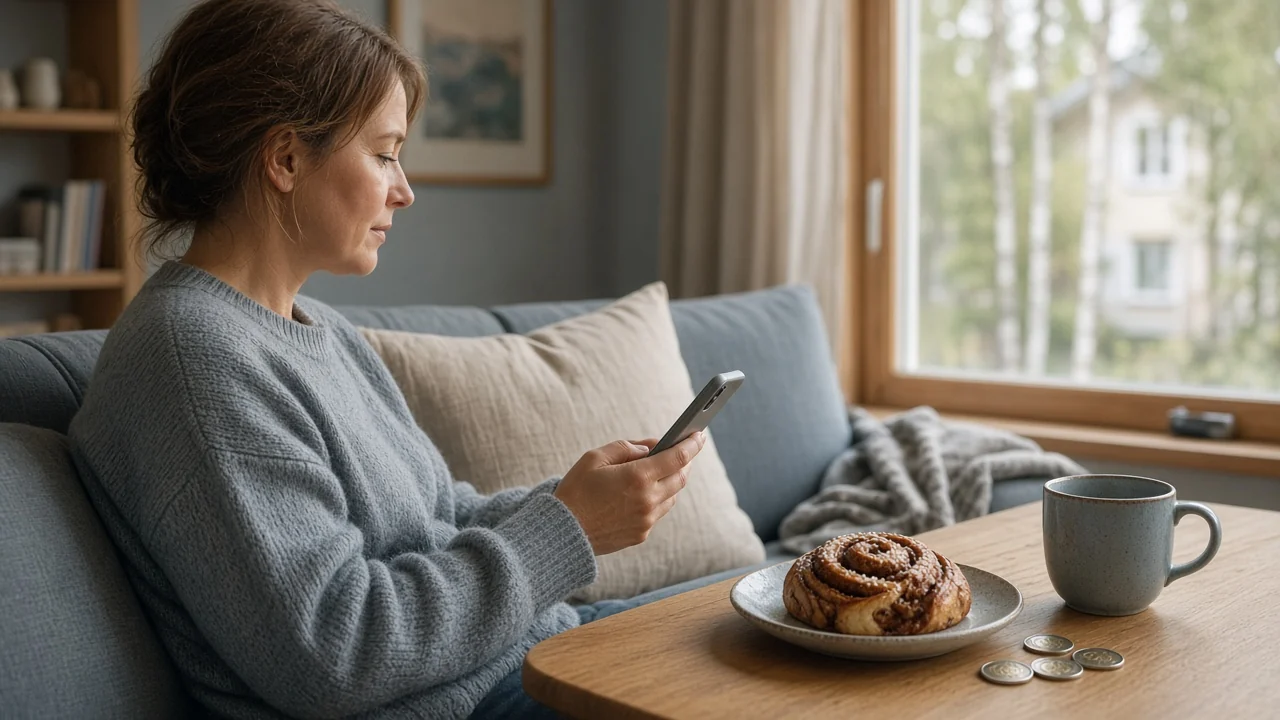 Person i svensk vardagsrum med mobiltelefon och kanelbulle