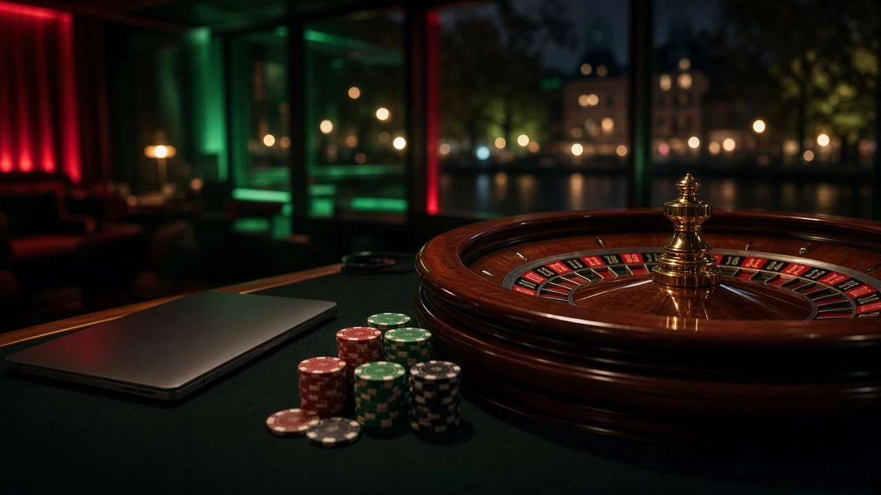 Roulettebord med casinofigurer och en stängd laptop som symboliserar nätcasino.