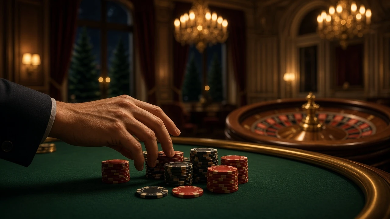 Hand som sträcker sig mot casinofickor vid roulettebord i lyxig casinomiljö