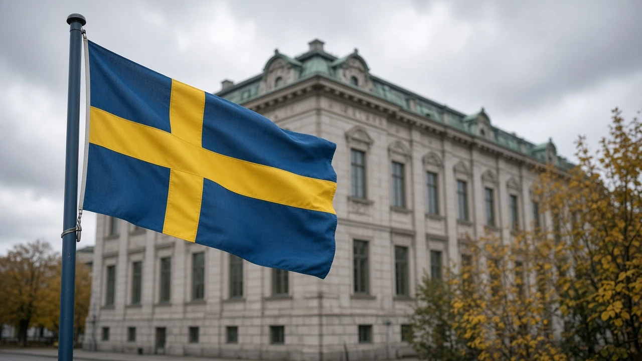 Svensk myndighetsbyggnad med flagga utanför.