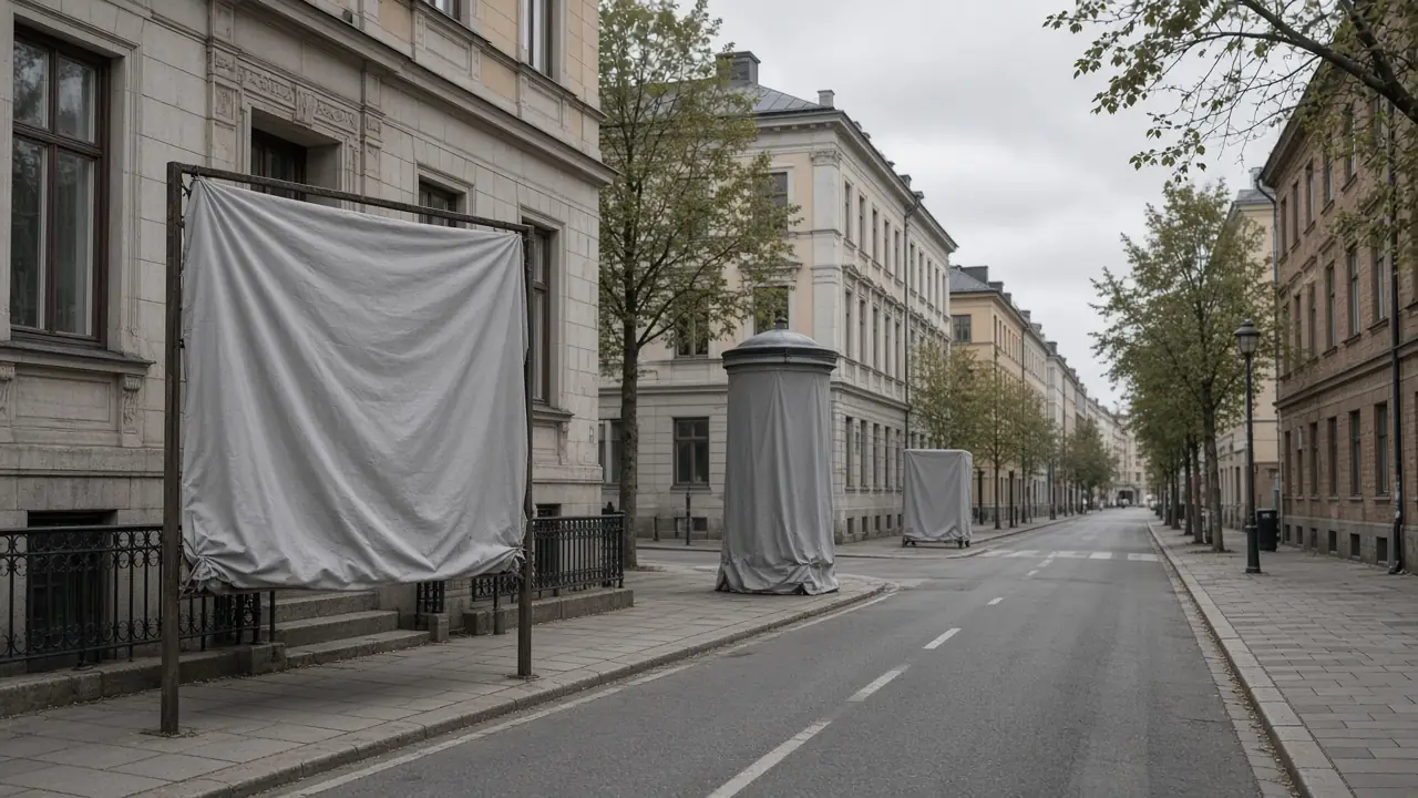 Övertäckta reklamskyltar i en svensk gatumiljö.