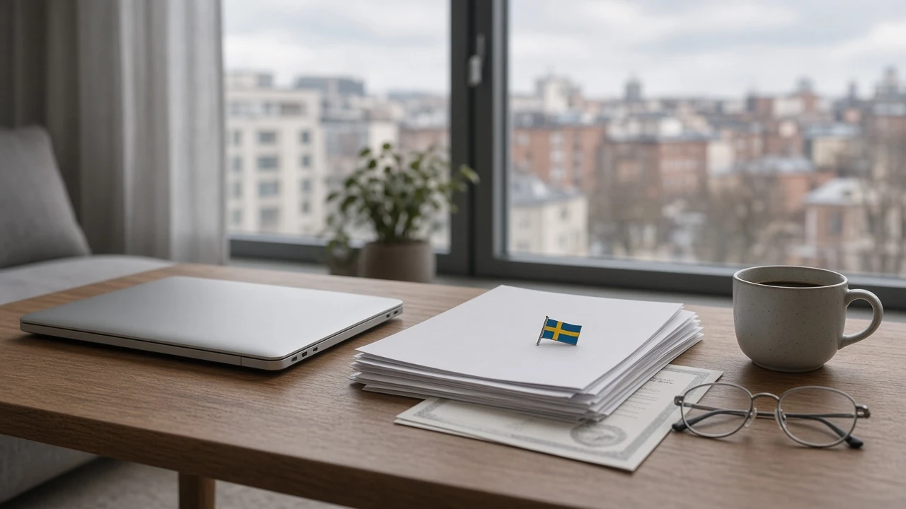 Stängd laptop och officiella dokument på ett bord i en svensk vardagsrumsmiljö.