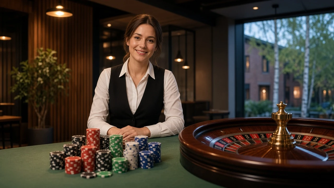 Live dealer vid ett casinobord med marker och roulettehjul i studio