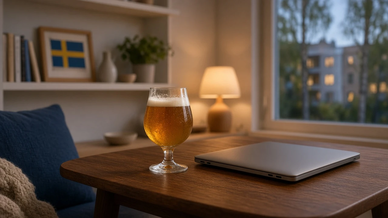 Modernt svenskt vardagsrum med stängd laptop och öl på bordet