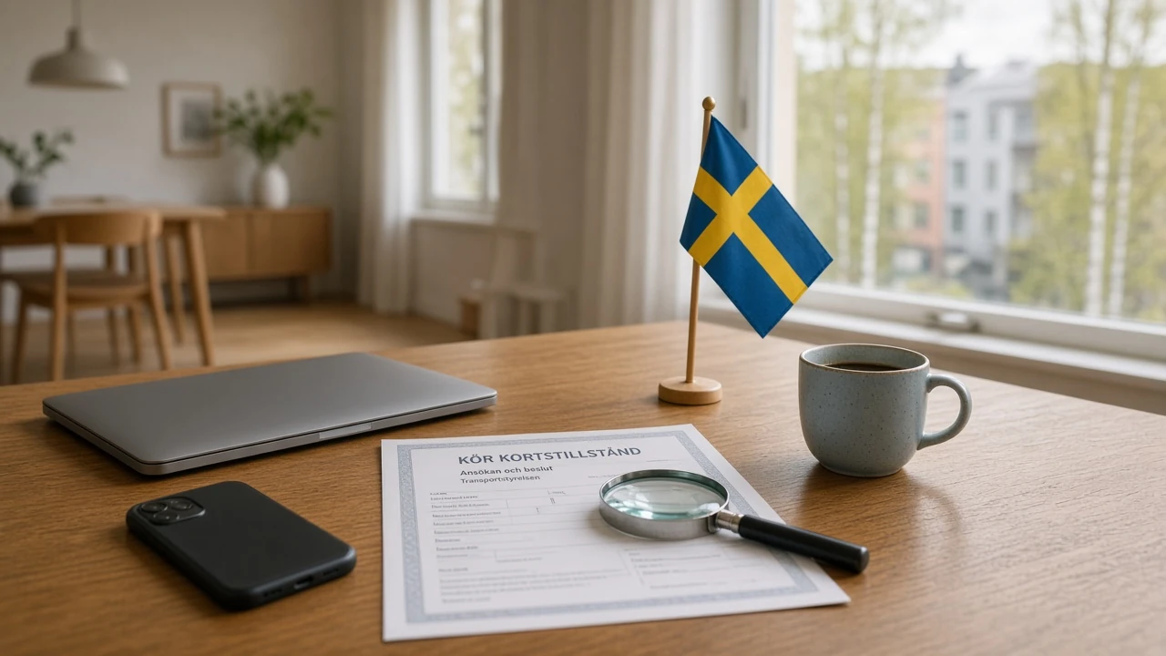 Svenskt bord med stängt laptop, licensdokument och förstoringsglas
