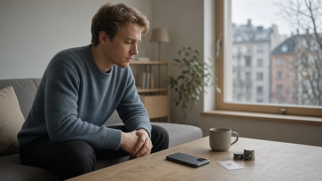 Person i svensk lägenhet med telefon med nedåt, spelmarker och kaffekopp