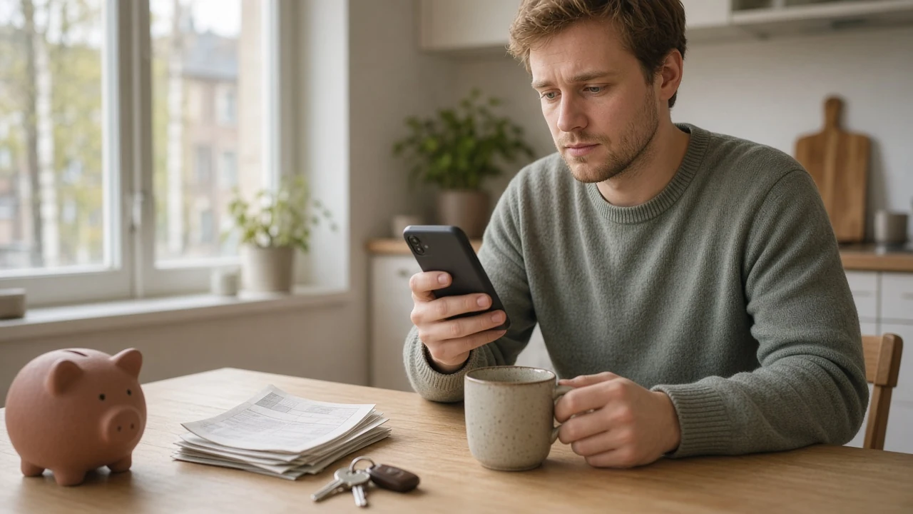 En man vid köksbordet funderar över sin telefon bredvid räkningar och en spargris.