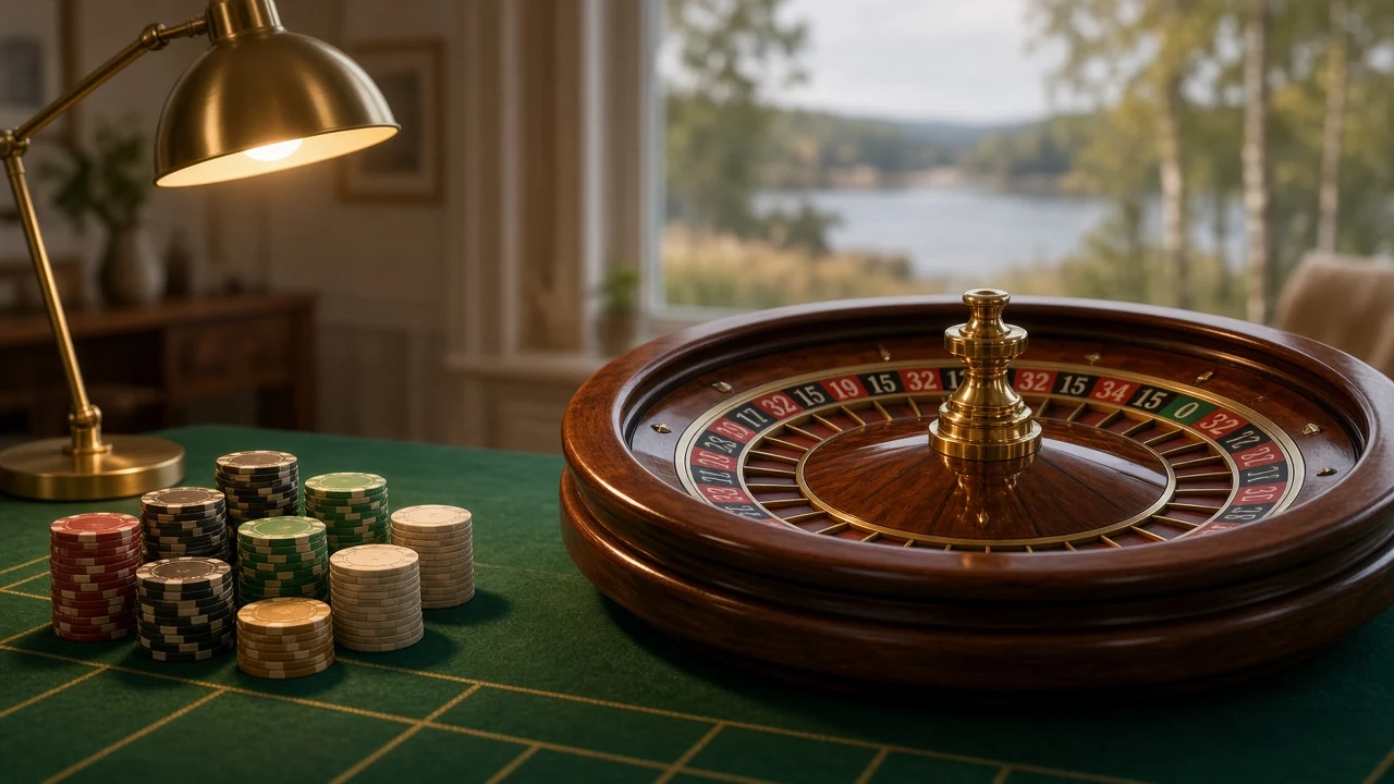 Ett roulettehjul på ett casinobord med marker och svensk inredning