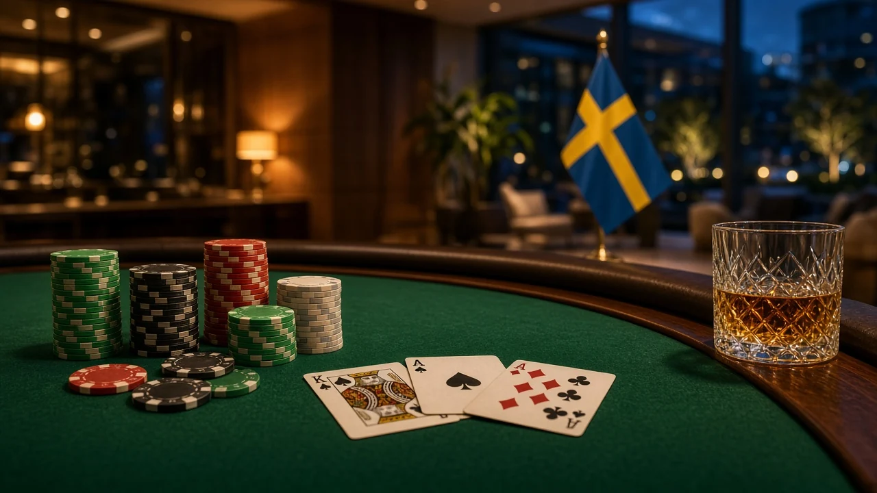 Blackjackbord med färgglada marker, spelkort och svensk flagga i elegant casinomiljö