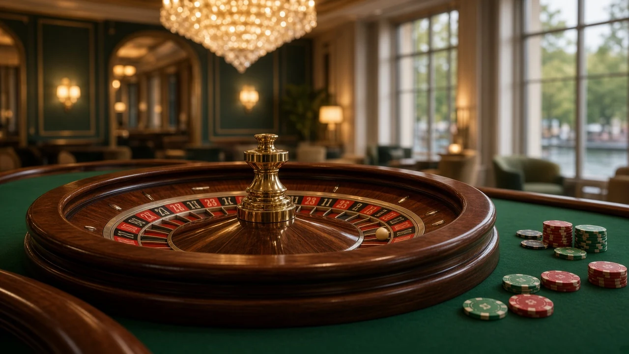 Elegant roulette-bord med hjul och marker i ett svenskt casino