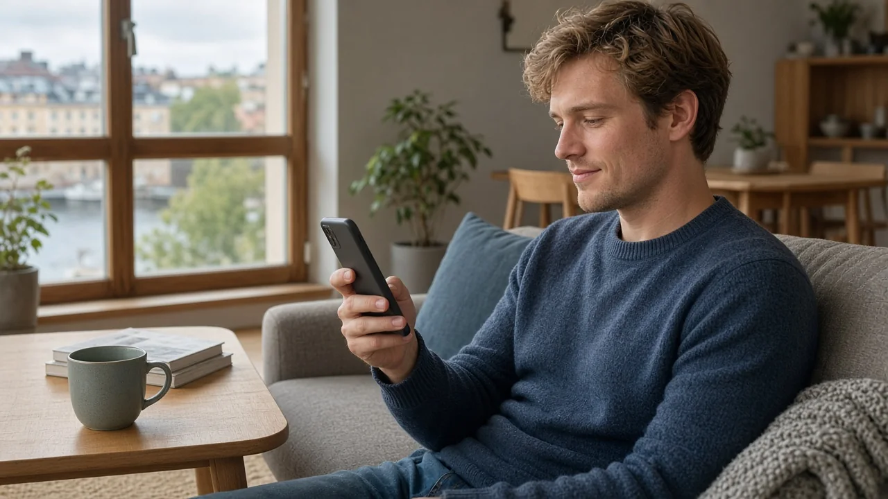 Person i modern svensk lägenhet som kopplar av med mobiltelefonen