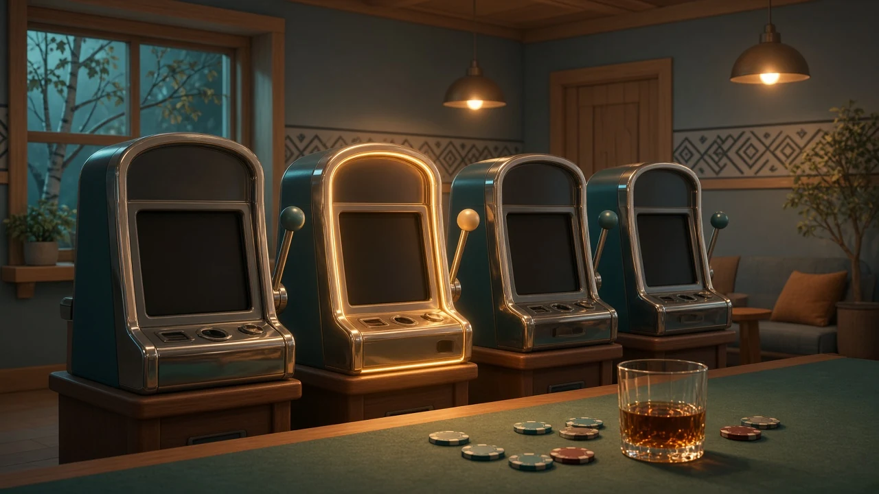 Belyst spelautomat i en avslappnad casinomiljö med svensk design