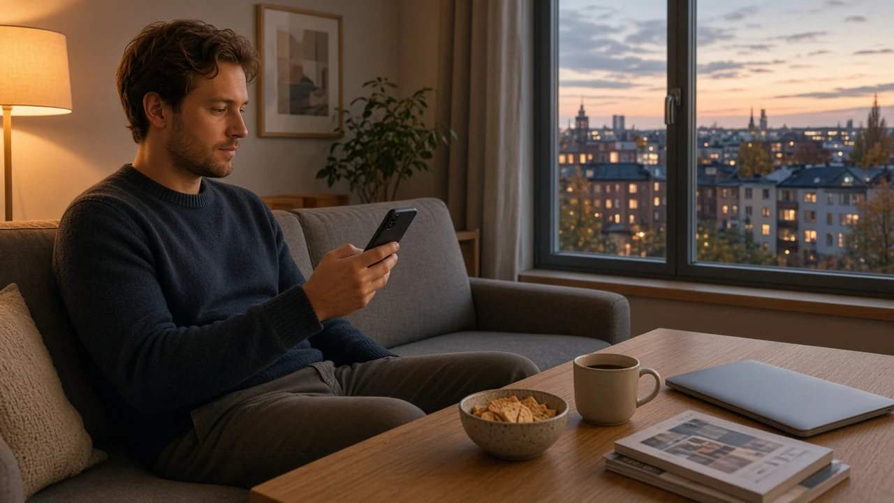 Person som kopplar av i en svensk lägenhet med en mobiltelefon och en stängd laptop