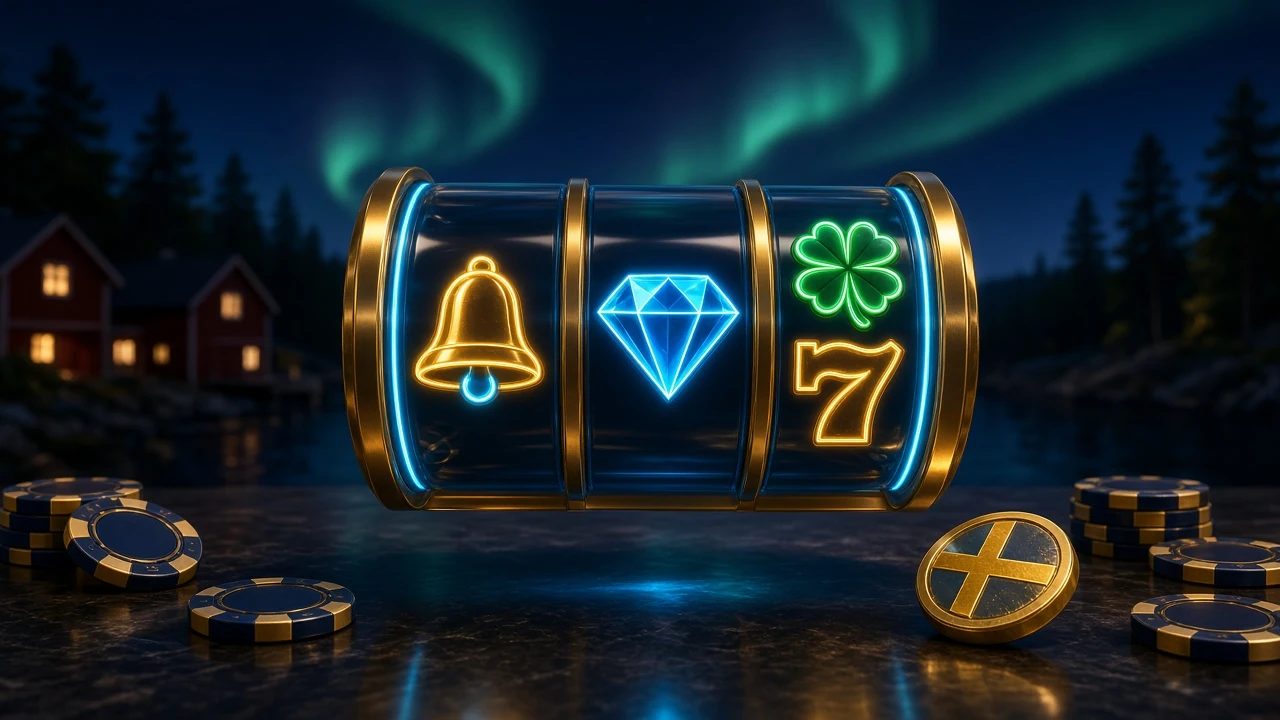 Neonillustrerade spelautomater med svensk färgpalett och casinomiljö