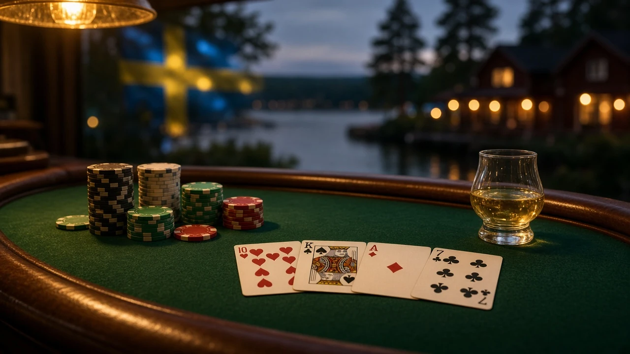 Blackjack-bord med kort och marker i varm belysning