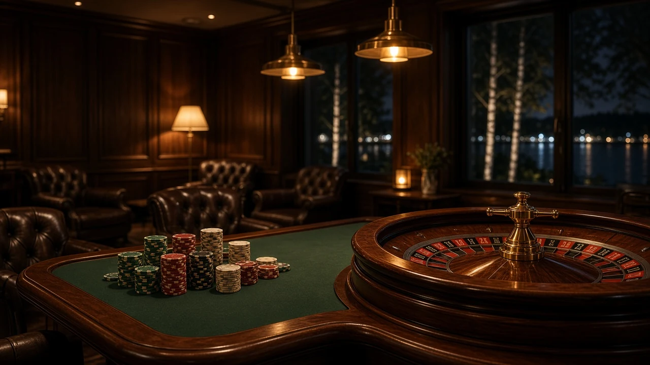 Exklusivt svenskt VIP-casinorum med marker och roulettehjul i varm belysning